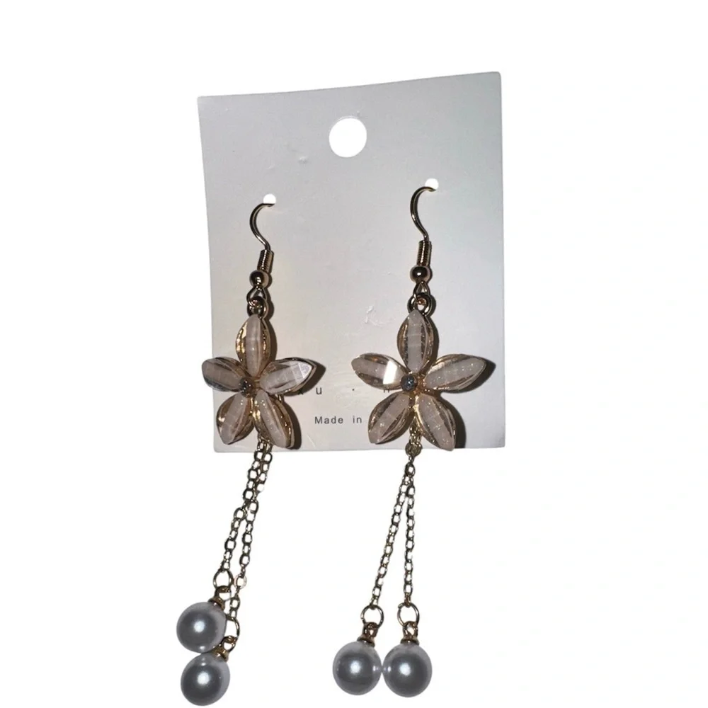 Gold Tone and Pearl Flower Drop Earrings, New